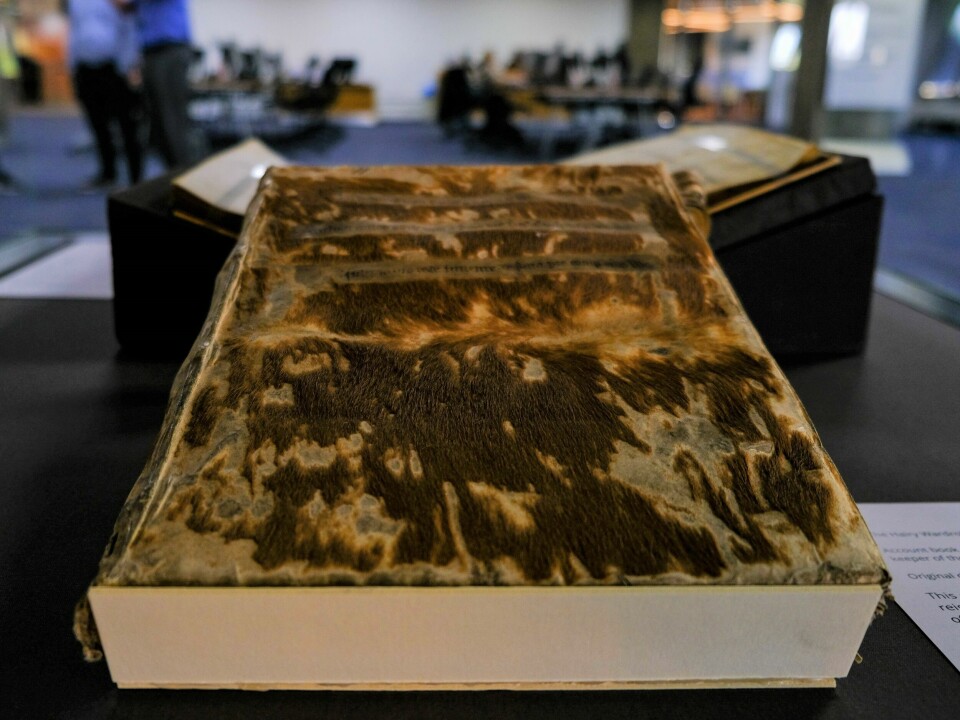Bildet viser en bok bok på utstilling. Permen er i hårete skinn i brune og gule toner.