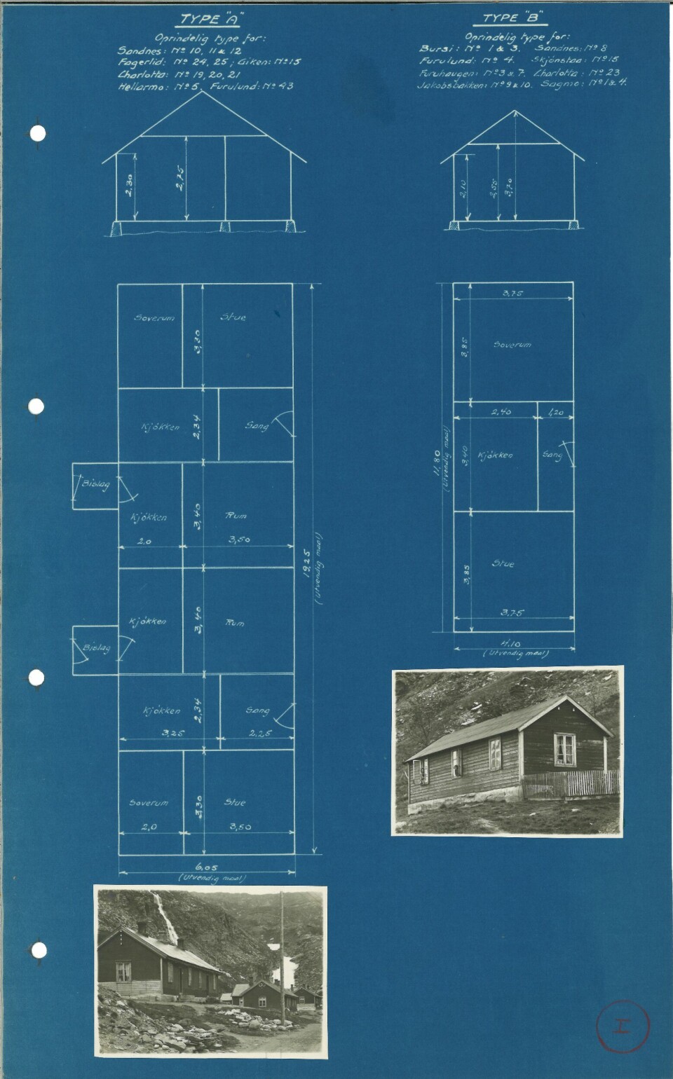 Bygningstegninger som viser romfordeling for hustype A og B og hvor disse ble bygget. Tegningen er ikke datert.