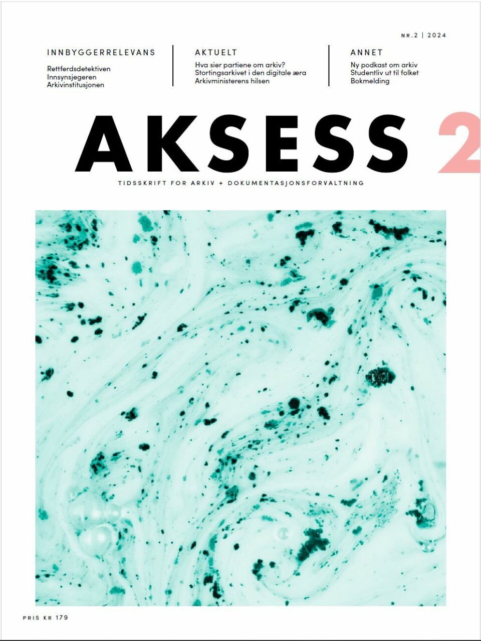 AKSESS utgave 2 - 2024. Motivet på forsiden er marmorering. Forsiden på et blad som heter AKSESS. Det står tallet to ved siden av navnet. Motivet under teksten viser et marmoreringsmønster i lyst grønt med mørkegrønne flekker i.
I tekstfeltene over tittelen står det Innbyggerrelevans, aktuelt og annet