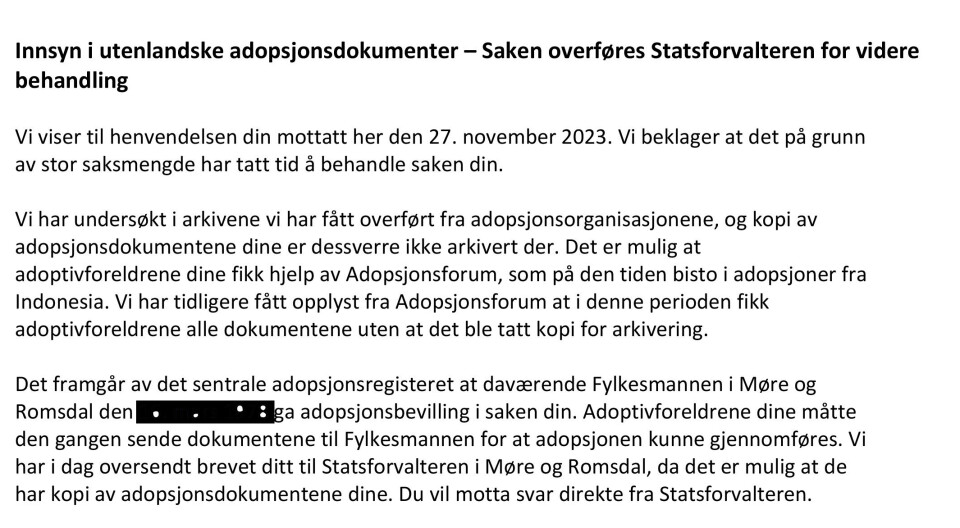 Utdrag fra svar på Glenn Agung Holes forespørsel om adopsjonspapirer.