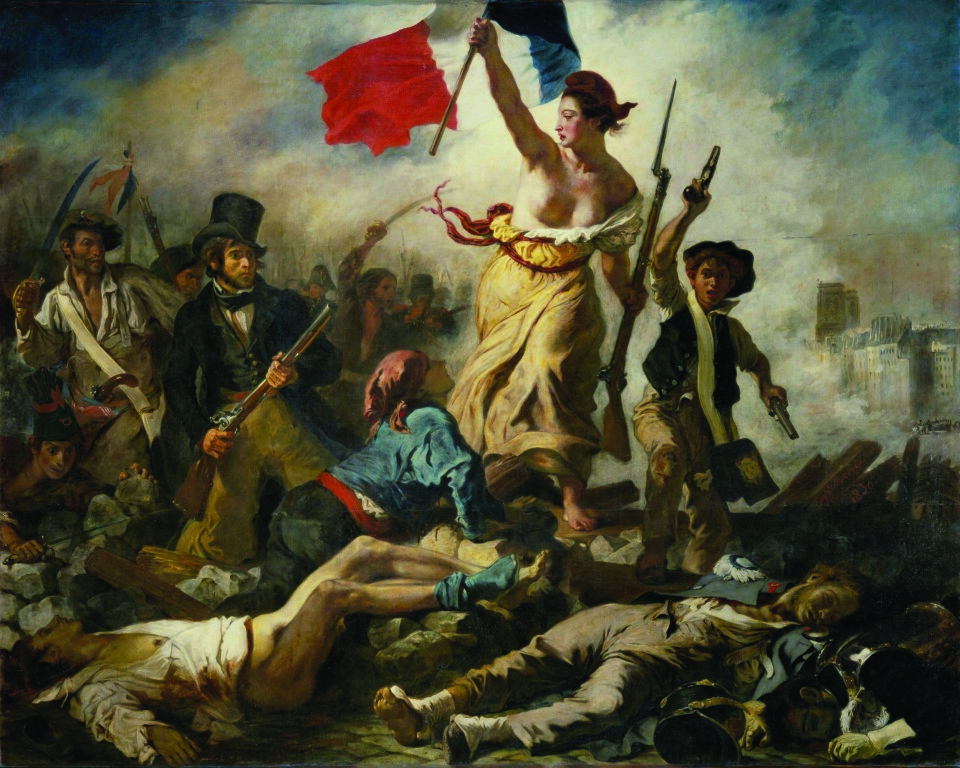 Maleriet «Friheten fører folket» (La Liberté guidant le peuple), av Eugène Delacroix, til minne om julirevolusjonen 28. juli 1830. Falt i det fri. Bildet viser en kvinne som står oppå et berg av folk og veiver et fransk flagg. Hun er ikledd en kjole som er opprevet og som viser de brystene hennes, og har et rødt hodeplagg. I den andre hånden holder hun en bajonett. Rundt henne står det andre bevæpnede mennesker - blant annet to menn og en ung gutt.