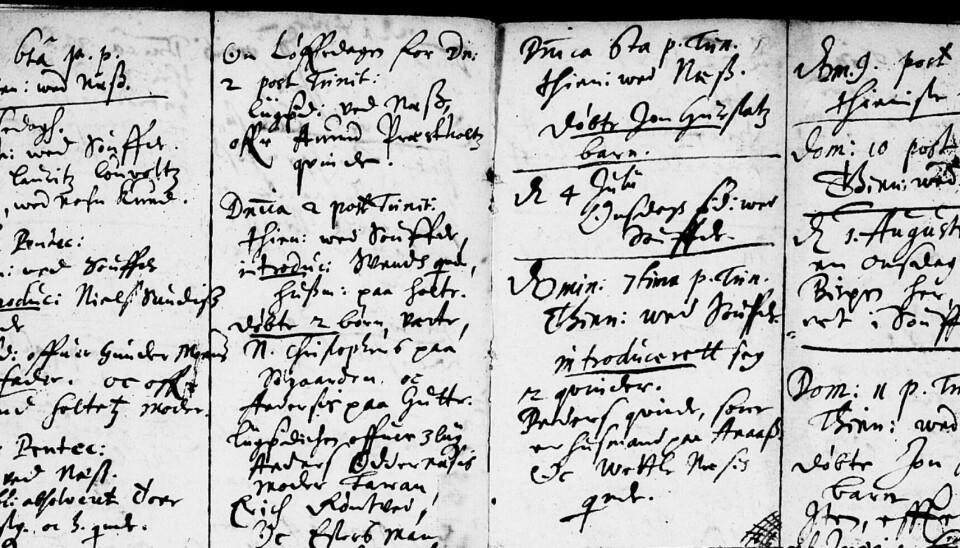 FRA DIGITALARKIVET: Utsnitt av det skanna originaldokumentet av kirkebok i Sauherad fra 1649. Bildet viser et utsnitt av en side med håndskrevet tekst satt opp i seks spalter.