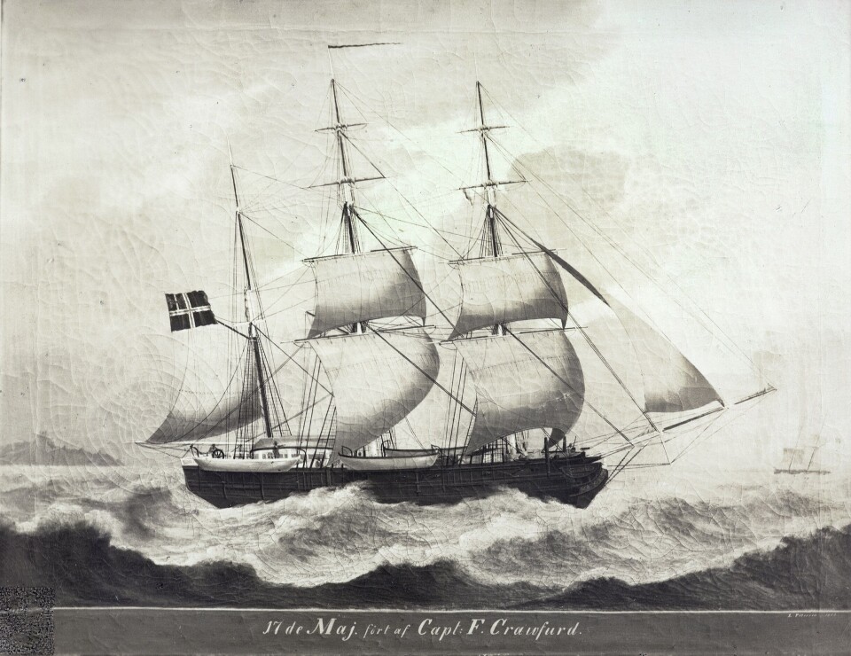 Skipet «17de Mai» fra Arendal ble brukt til hvalfangstekspedisjonen som foregikk mellom 1843-1846. Sort hvit bilde av et maleri av en seilskute