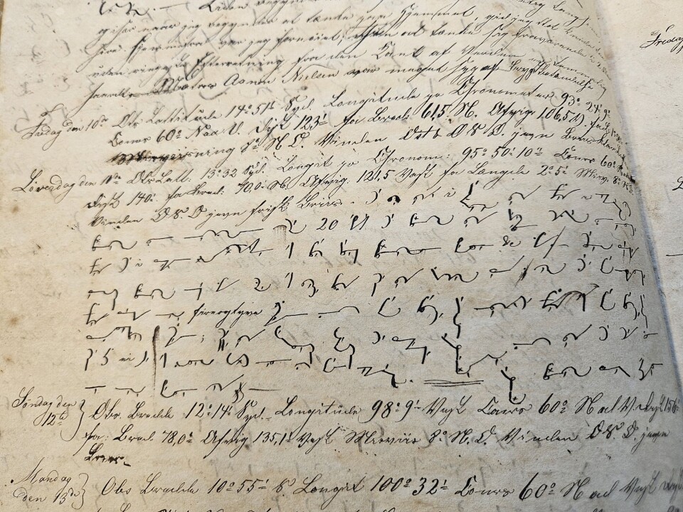 Kaptein Crawfurd skrev deler av dagboken sin i koder for at den franske kapteinen ikke skulle klare å forstå innholdet. Bilde av en side med håndskrift i en protokoll