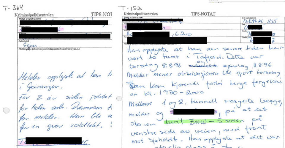 TIPS: Tipsene ble skrevet inn i et standardskjema fra Kripos. Her er to forskjellige håndskrifter.