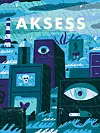 Illustrasjon av digitale skjermer med øye, hodeskalle og pengesymbol i et blått, teknologisk landskap.
