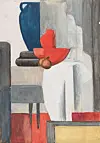 Abstrakt maleri med en rød skålformet figur og blå, grå og hvite flater.